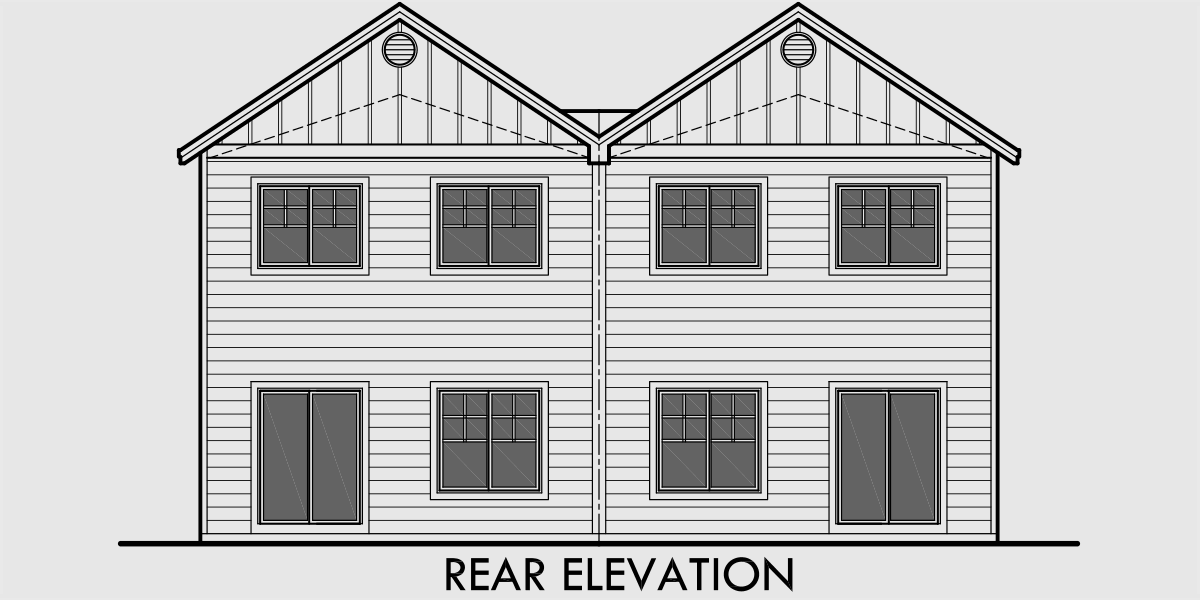 House front drawing elevation view for D-606 Duplex house plans with garage, Narrow lot rowhouse plans, D-606