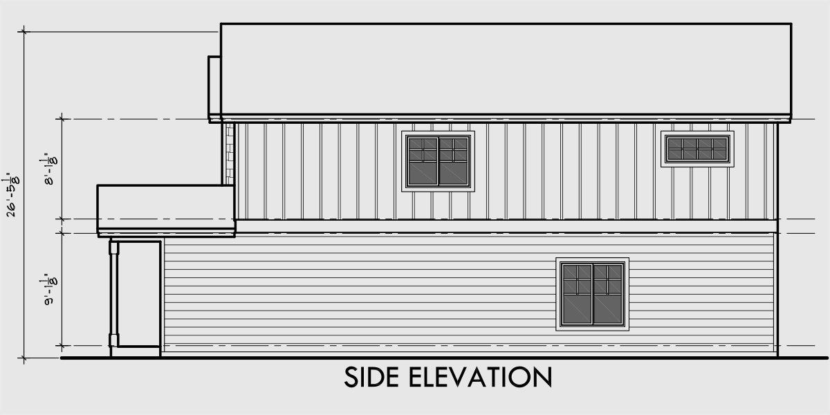 House side elevation view for D-606 Duplex house plans with garage, Narrow lot rowhouse plans, D-606