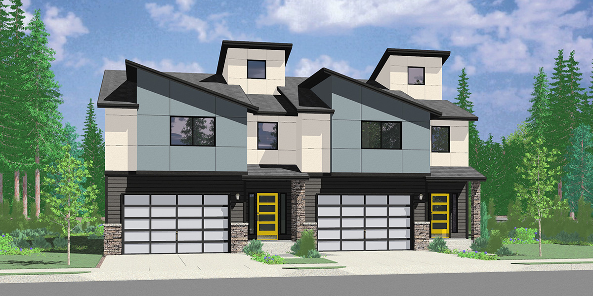 House front color elevation view for D-668 Two unit Modern town house plan D-668