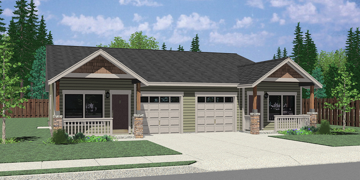 House front color elevation view for D-678 25 ft wide duplex house plan with garage 3 bed 2 bath plan D-678