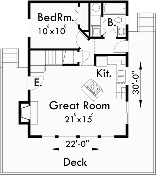 Main Floor Plan for 10036-fb Small A-Frame house plans, house plans with great room, house plans with loft, house plans with wrap around porch, 10036