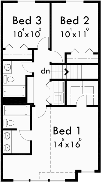Upper Floor Plan for D-525 Row house plans with garage, duplex house plans, D-525