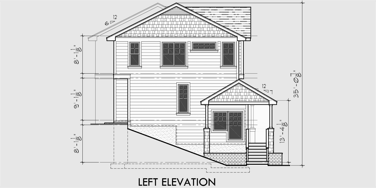 House side elevation view for D-523 Craftsman duplex house plans, sloping lot duplex house plans, D-523