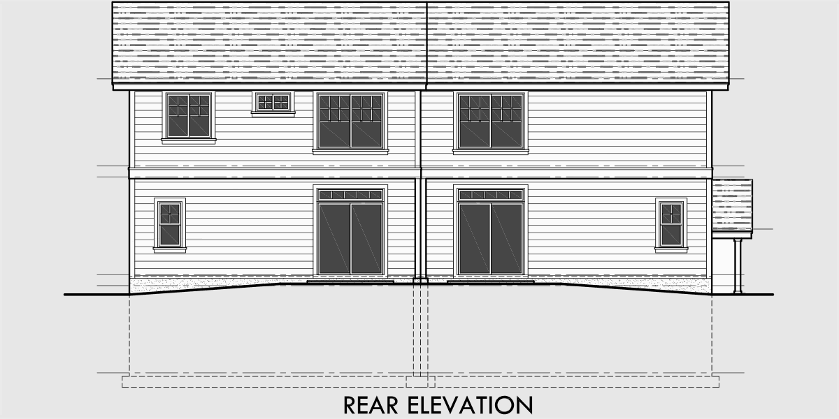 House front drawing elevation view for D-523 Craftsman duplex house plans, sloping lot duplex house plans, D-523