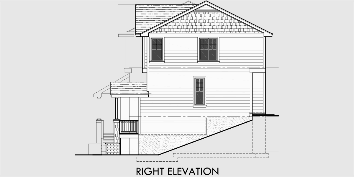 House rear elevation view for D-523 Craftsman duplex house plans, sloping lot duplex house plans, D-523