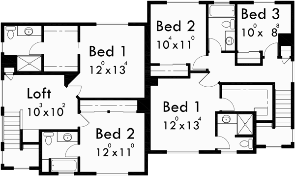 Upper Floor Plan for D-523 Craftsman duplex house plans, sloping lot duplex house plans, D-523