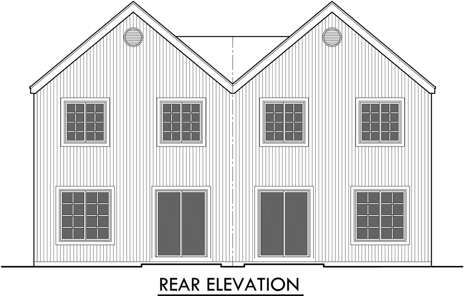 House front drawing elevation view for D-472 40 ft wide house plans, duplex house plans, mirror image house plans, D-472