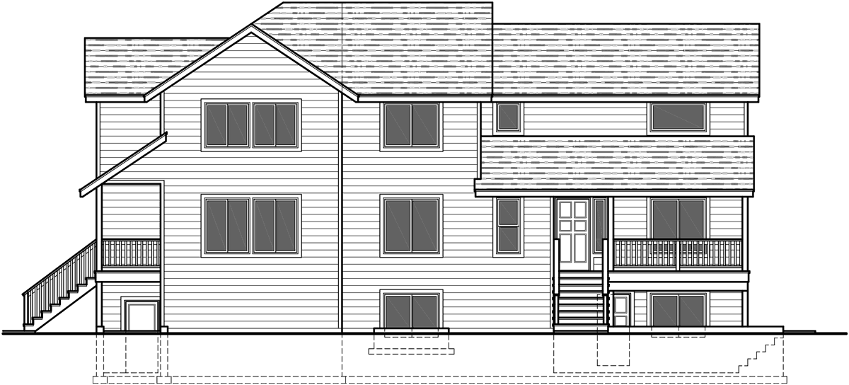 House front drawing elevation view for D-511 Corner lot duplex house plans, 6 bedroom duplex house plans, corner lot  house plans, D-511