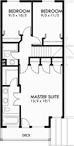 Upper Floor Plan for D-419 Duplex house plans, 3 story house plans, house plans with front decks, D-419