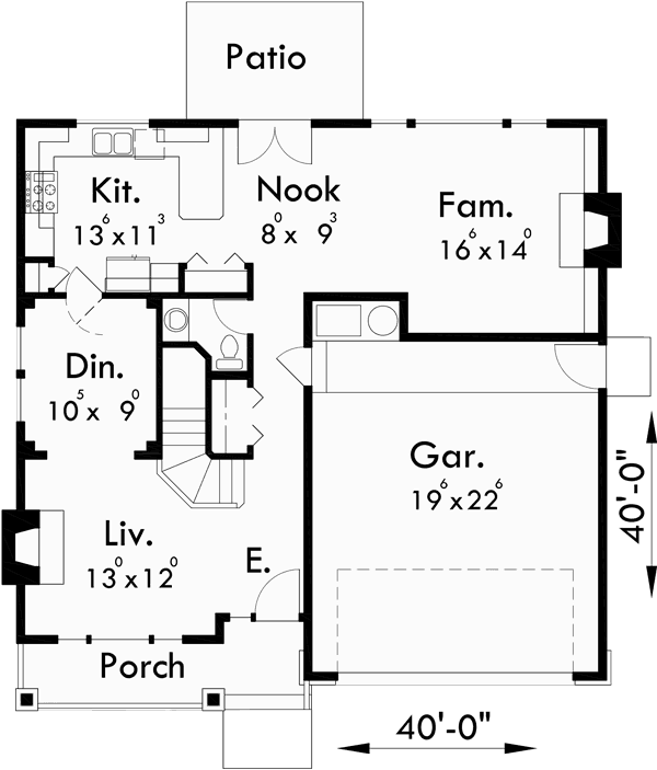 Main Floor Plan for 9950-fb 4 bedroom house plans, craftsman house plans, 40 ft wide house plans, 40 x 40 house plans, two story house plans, 9950