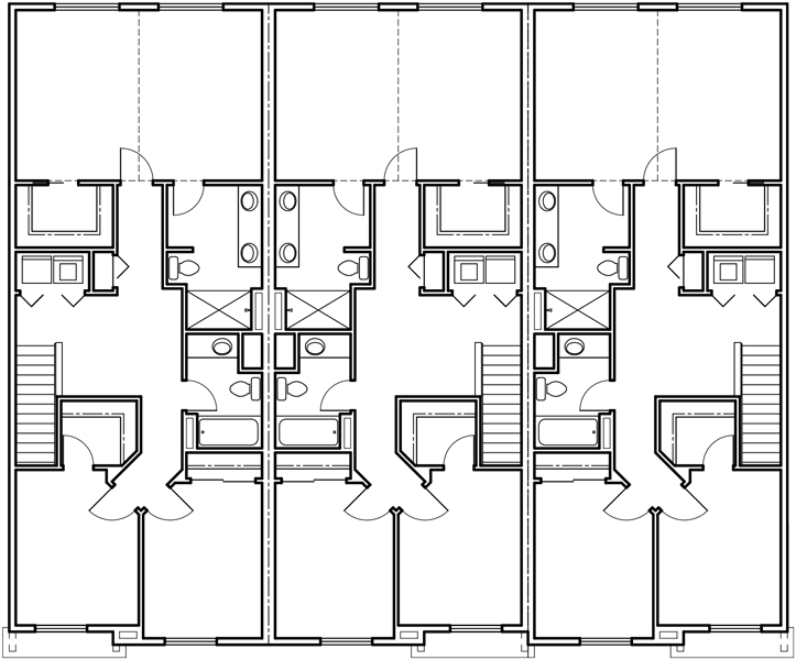 Upper Floor Plan 2 for Triplex House Plans, Craftsman Exterior, Row House Plans, T-401