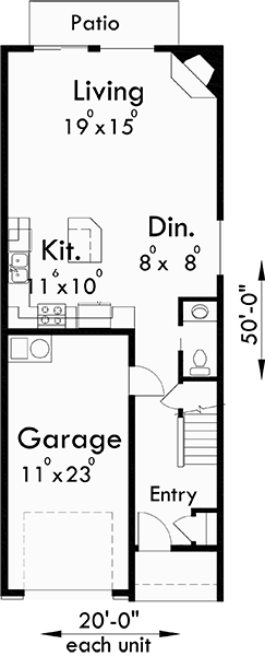 Main Floor Plan for T-401 Triplex House Plans, Craftsman Exterior, Row House Plans, T-401