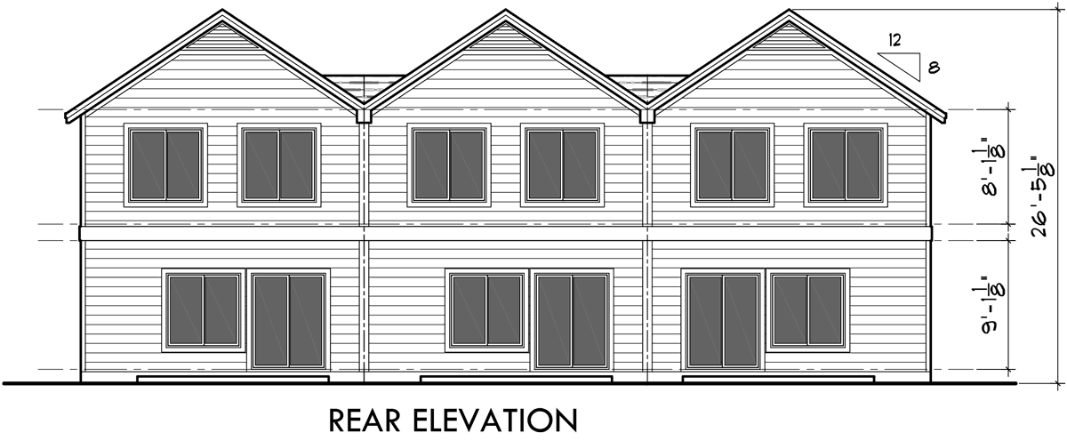 House front drawing elevation view for T-401 Triplex House Plans, Craftsman Exterior, Row House Plans, T-401