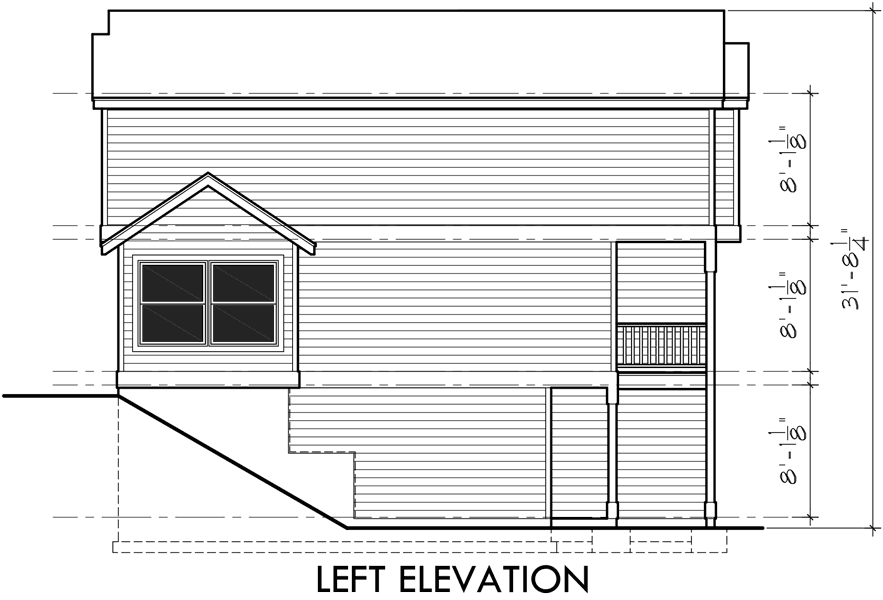 House side elevation view for D-519 Narrow lot townhouse plans, duplex house plans, 3 level house plans, D-519