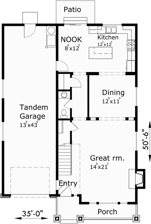 Main Floor Plan for 10103 Narrow lot house plans, house plans with tandem garage, house plans with bonus room, narrow house plans, 10103