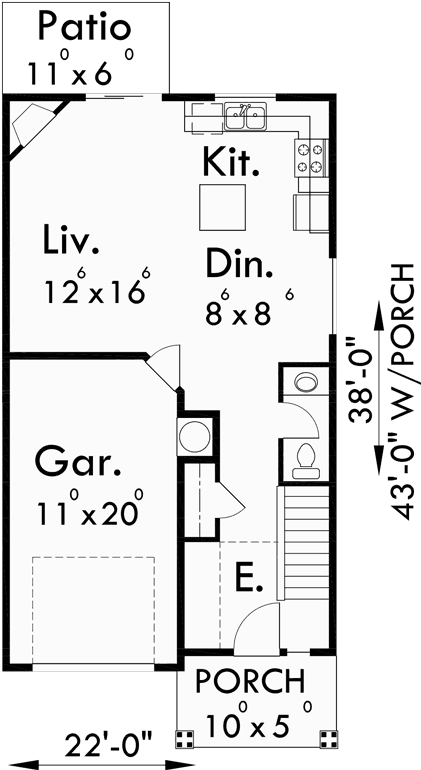 Main Floor Plan for 9994 Narrow lot house plans, small lot house plans, 22 ft wide house plans, 3 bedroom house plans, 9994
