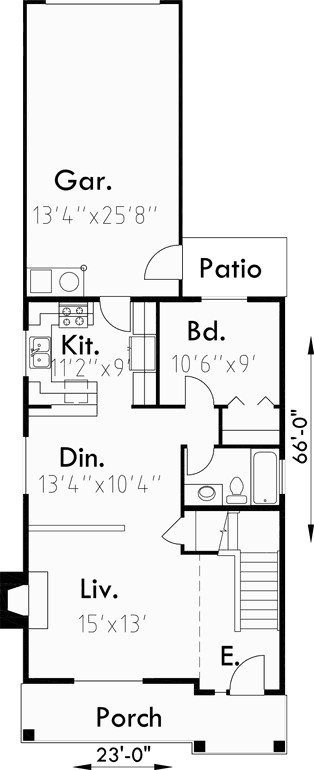 Main Floor Plan for 9984 Narrow lot house plans, house plans with rear garage, small lot house plans, 9984