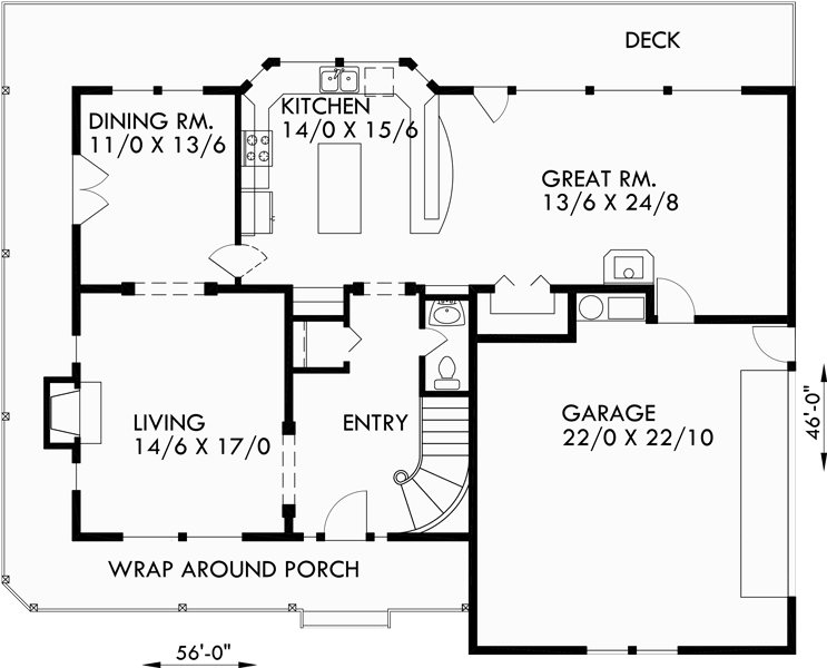 Main Floor Plan for 9891 Victorian House Plan, house turret, side load garage, wrap around porch, house plans with bonus room, 9891