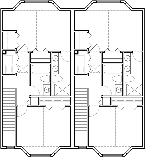 Upper Floor Plan 2 for Duplex house plans, townhouse plans, 2 bedroom duplex plans, duplex with garage, D-405