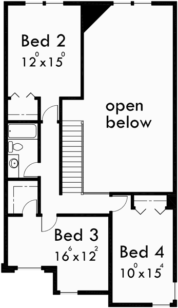 Upper Floor Plan for T-392 Triplex plans, master on the main house plans, row home plans, triplex plans with garage, T-392