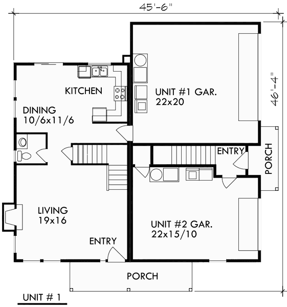 Main Floor Plan for D-416 Duplex house plans, corner lot duplex house plans, D-416