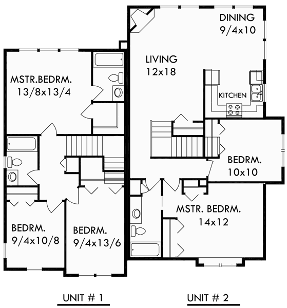 Upper Floor Plan for D-416 Duplex house plans, corner lot duplex house plans, D-416
