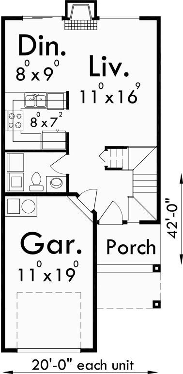 Main Floor Plan for D-319 Row house plans, 3 bedroom duplex house plans, 2 story duplex house plans, D-319