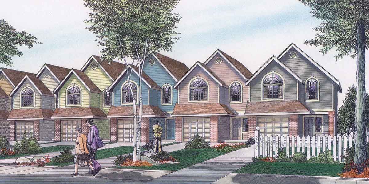 House front drawing elevation view for D-319 Row house plans, 3 bedroom duplex house plans, 2 story duplex house plans, D-319