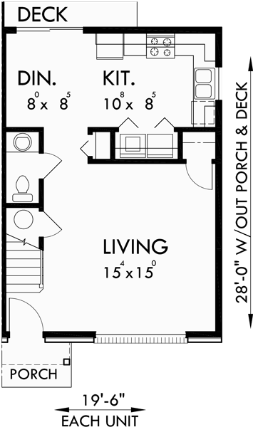 Main Floor Plan for D-036 Duplex House Plans, small duplex house plans, 3 bedroom duplex house plans, D-036