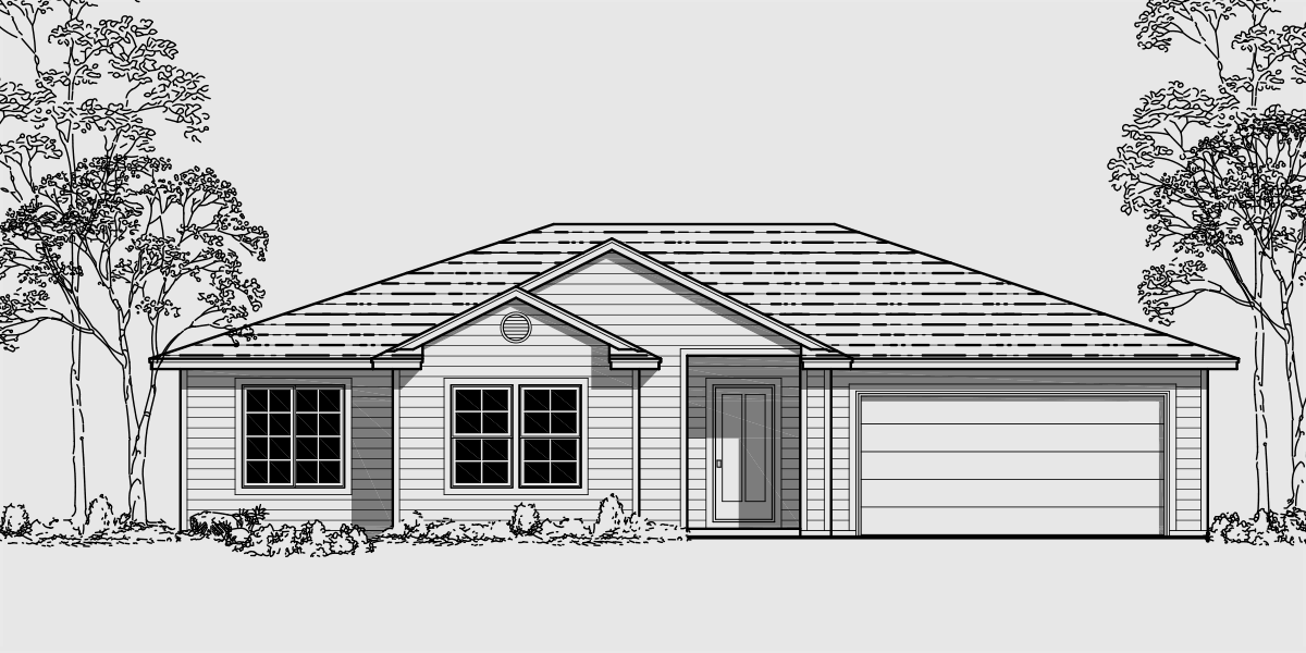 House front drawing elevation view for 9921 One story house plans, 50 wide house plans, 9921