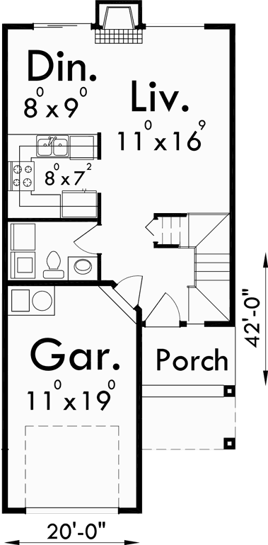 Main Floor Plan for 9920 Narrow lot house plans, small lot house plans, 20 ft wide house plans, affordable house plans, 9920