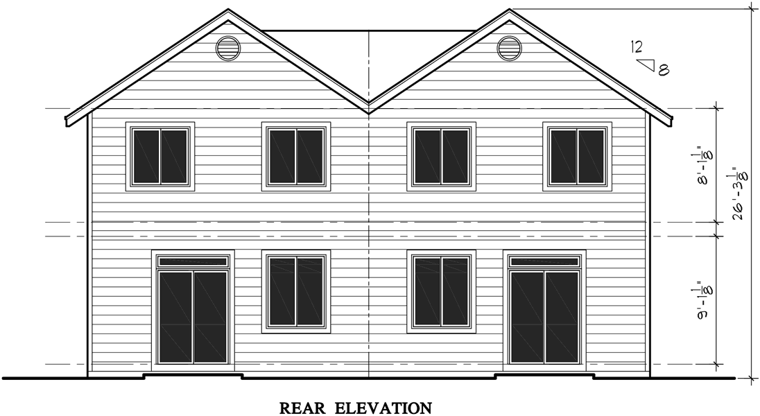 House front drawing elevation view for D-473 Duplex house plans, row house plans, D-473