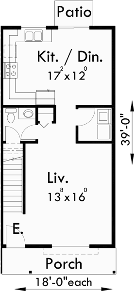 Main Floor Plan for D-499 Narrow lot duplex house plans, 2 story duplex house plans, 3 bedroom duplex house plans, D-499