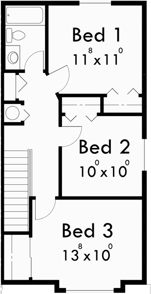 Upper Floor Plan for D-499 Narrow lot duplex house plans, 2 story duplex house plans, 3 bedroom duplex house plans, D-499