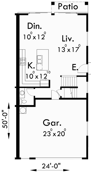 Main Floor Plan for D-432 Mediterranean duplex house plans, beach duplex house plans, vacation house plans, duplex house plans with 2 car garage, water front house plans, D-432