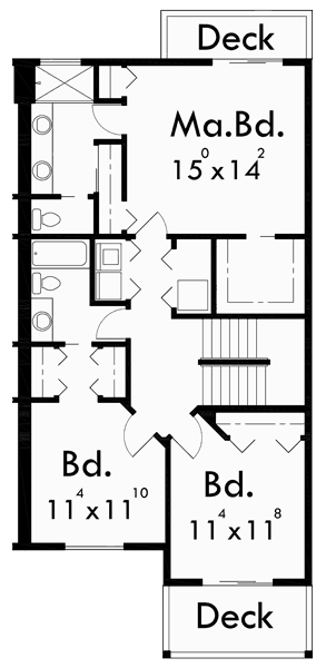 Upper Floor Plan for D-432 Mediterranean duplex house plans, beach duplex house plans, vacation house plans, duplex house plans with 2 car garage, water front house plans, D-432