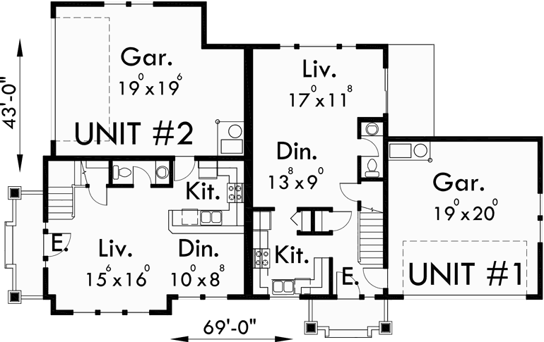 Main Floor Plan for D-444 Corner lot house plans, duplex house plans, two master suite house plans