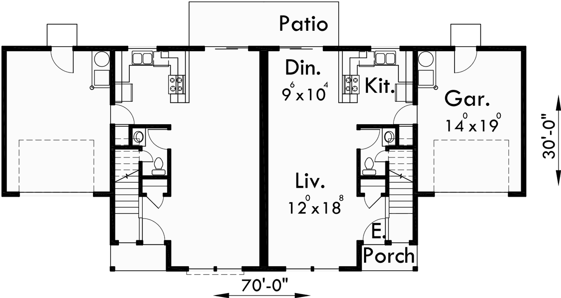 Main Floor Plan 2 for D-498 Duplex house plans, 3 bedroom duplex house plans, 2 story duplex house plans, D-498