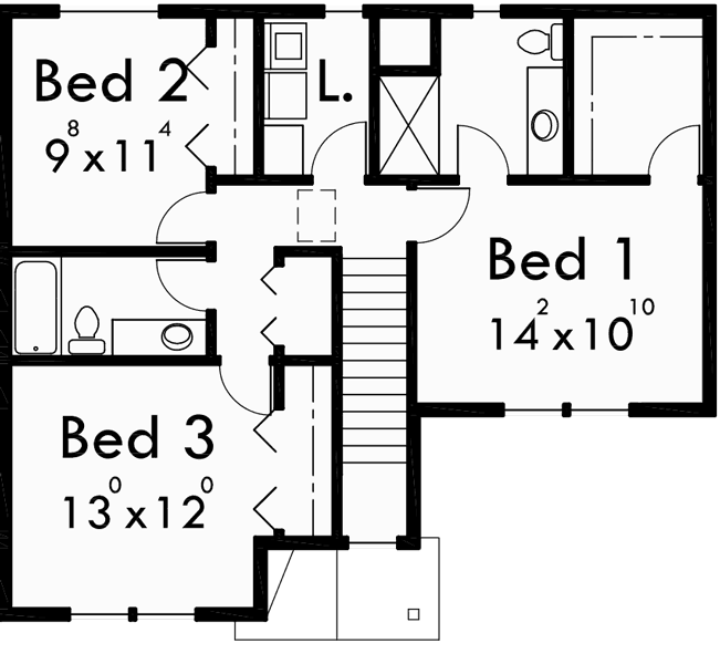 Upper Floor Plan for D-498 Duplex house plans, 3 bedroom duplex house plans, 2 story duplex house plans, D-498