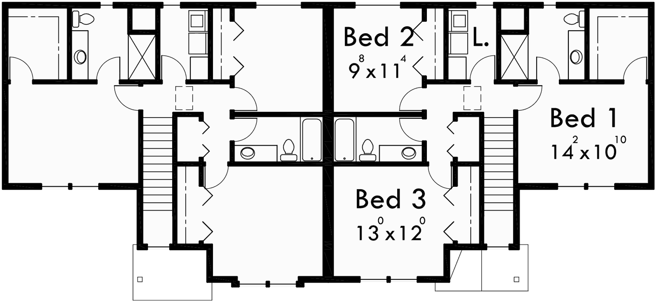 Upper Floor Plan 2 for Duplex house plans, 3 bedroom duplex house plans, 2 story duplex house plans, D-498