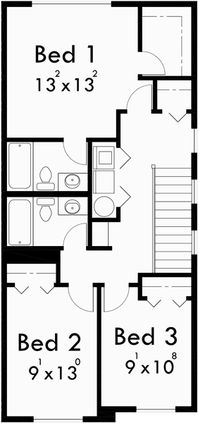 Upper Floor Plan for D-522 Duplex House Plans, Sloping Lot Plans, View Deck, Duplex House Plans with Basement