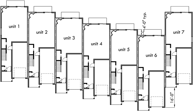 Additional Info for 7 plex house plans, narrow row house plans, narrow townhouse plans, multi plex house plans, SV-726m