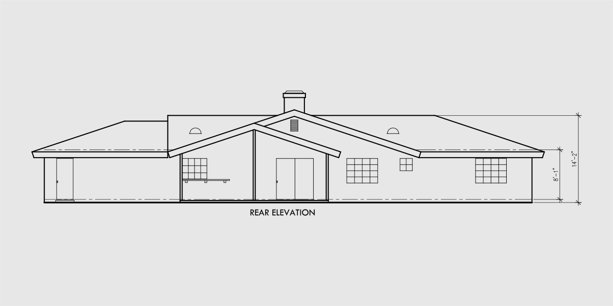 House front drawing elevation view for 10013wd Single level house plans, ranch house plans, 4 bedroom house plans, 10013