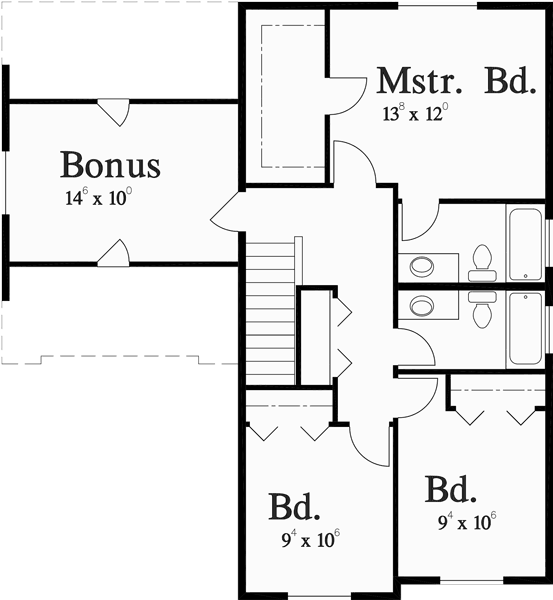 Upper Floor Plan for 9993 Narrow Lot House Plan, 4 bedroom house plan, bonus room plan, 9993 