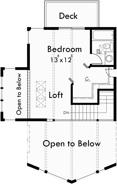 Upper Floor Plan for 9932 A-Frame House Plan, Master on the Main, Loft, 2 Bedroom
