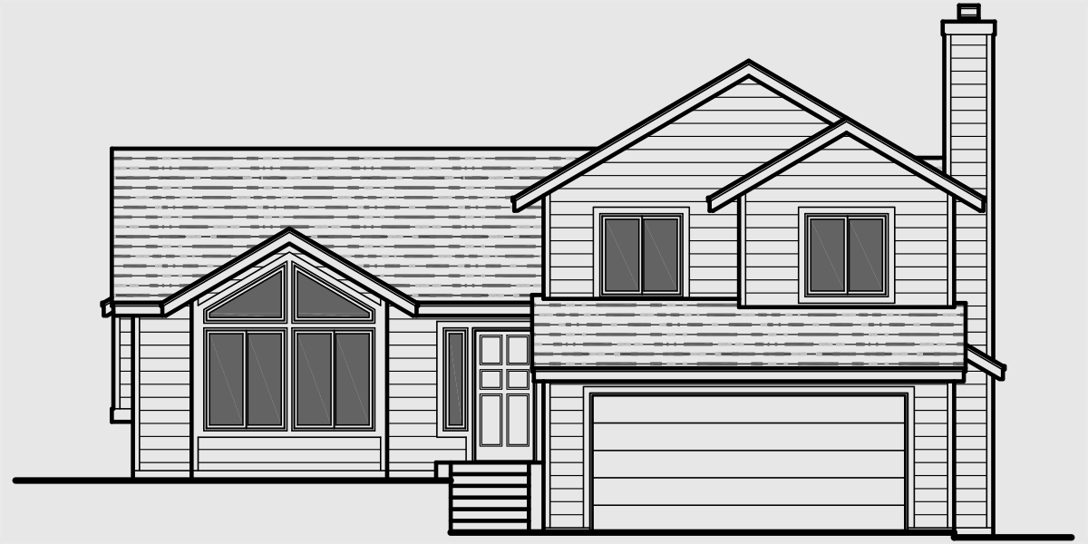 House front drawing elevation view for 6631 Split level house plans, 3 bedroom house plans, 2 car garage house plans, 6631