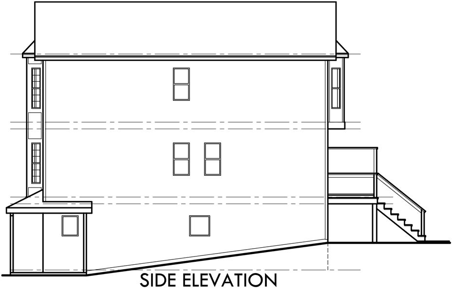 House front drawing elevation view for D-487 Narrow row house plans, duplex house plans, two master suite house plans, D-487