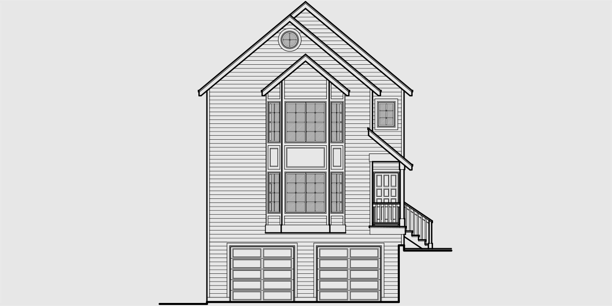House side elevation view for D-439 Stacked Duplex House Plans, duplex house plans with garage, narrow lot duplex plans, up and down duplex house plans, D-439