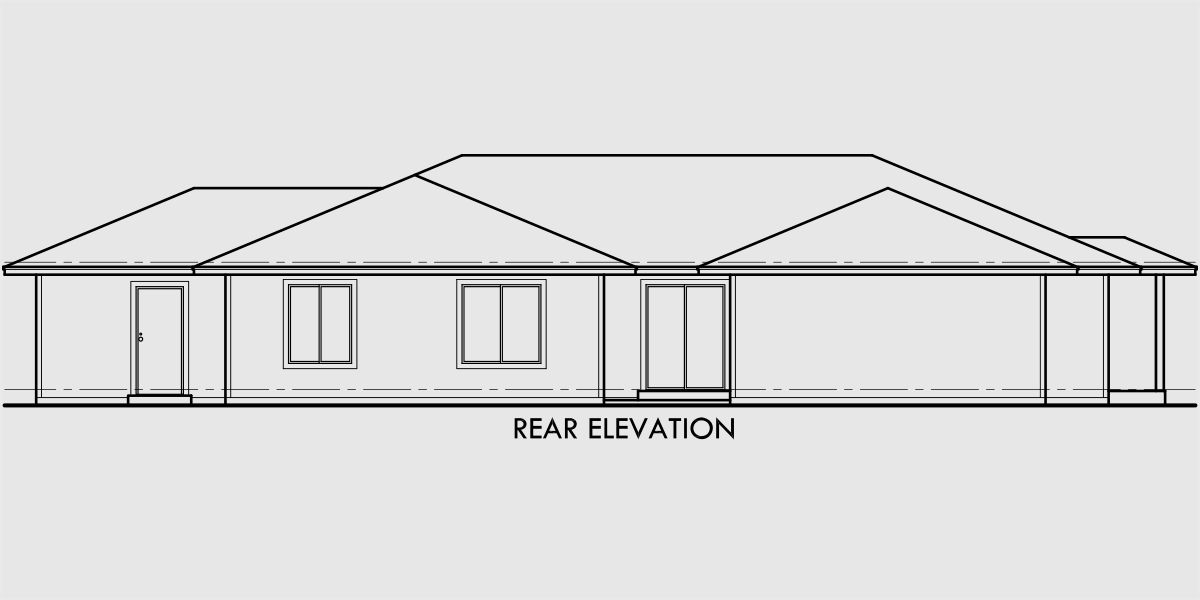 House rear elevation view for D-392 Single story duplex house plans, corner lot duplex house plans, duplex floor plans, D-392