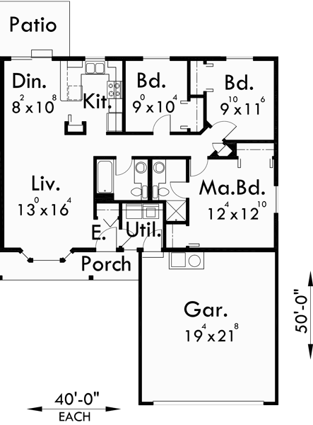 Main Floor Plan for D-353 One story duplex house plans, 3 bedroom duplex plans, duplex plans with garage, duplex house plans with two car garage, D-353